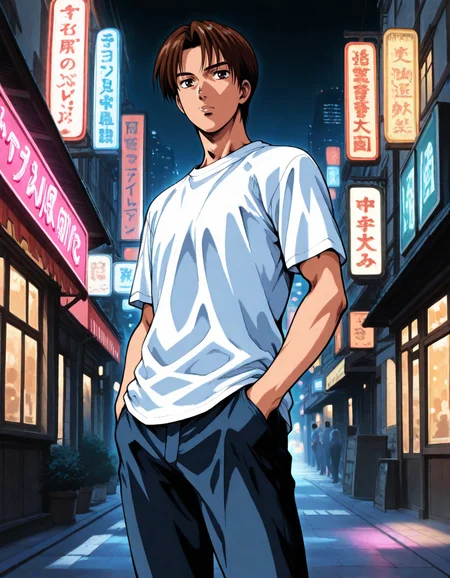 Masterpiece, old Anime, hires, detailed face and eyes, ultra quality, cel-shaded, sharp lines, dry shading, Beautiful background, modern street, Japan city, daytime, color vibration, dynamic pose, <lora:Takumi_Fujiwara_Initial_D_-_Illustrious:0.80> 1boy, {{solo}},  takumi fujiwara, brown eyes, brown hair, curtained hair,  t-shirt, pants, hands in pockets, town background, from below, night scene, city street, neon lights, aggressive stance, high quality, digital art, perfectly symmetry, dynamic angle, from above, BREAK Eating tofu