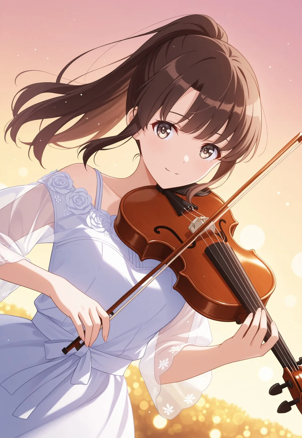 (solo), 1girl,Megumi <lora:IL-KatoMegumi:0.8>,brown hair,katou megumi,brown eyes,ponytail ,long hair, ((detailed eyes)),
dynamic angle, cinematic framing, (digital painting:0.8), (aura:0.2), MythAn1m3, bokeh, (luminescent background:0.8),
elegant, masterpiece, best quality, highly detailed, high contrast, dramatic shadows, raytracing, subsurface scattering,
playing violin, violin, soft smile, wind tussling hair, elegant white dress, off shoulder dress, floral embroidery, translucent sleeves , glowing lights background, light particles, dreamy atmosphere, looking at viewer,depth of field, outdoor, simple background