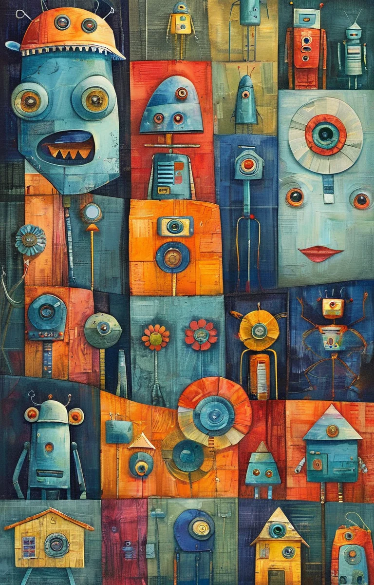 masterpiece,best quality,<lora:tbh256-sdxl:0.9>,illustration,style of Alida Akers portrait of Housework robots