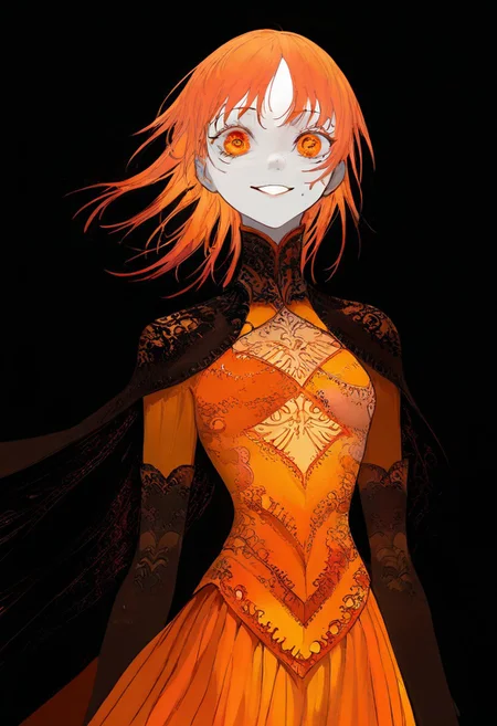 solo, looking at viewer, orange eyes, black background, 1girl, long orange hair, extremely pale skin, orange dress, smiling, masterpiece, best quality, very aesthetic, absurdres,
 <lora:monfornoob:0.95>