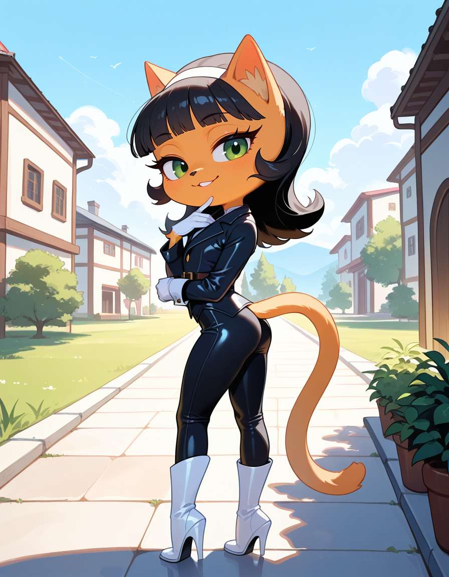 masterpiece, best quality, very aesthetic, absurdres,
outdoors, standing, posing, 
full body, seductive smile, parted lips, long eyelashes,
white gloves, white high heel boots, black pants, black jacket, long sleeves, 
<lora:Kitty_Katswell_v01_NAIXL:1>
K1tty_Kat6w3311, 1girl, solo, furry, furry female, animal ears, long hair, black hair, hairband, blunt bangs, flipped hair, green eyes, animal nose, body fur, orange fur, cat tail,