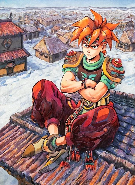 masterpiece, best quality, amazing quality, multfx, colored shading, detailed shading, cyb88, traditional media, terranigmark, 1boy, masculine, toned male, spiky orange hair, design pauldrons, jeweled headband, print shirt, green sleeves, bracelets, belt with dangling straps, red baggy pants, shoes, sitting, frown, arms crossed, outdoors, rooftop, tibet, snow