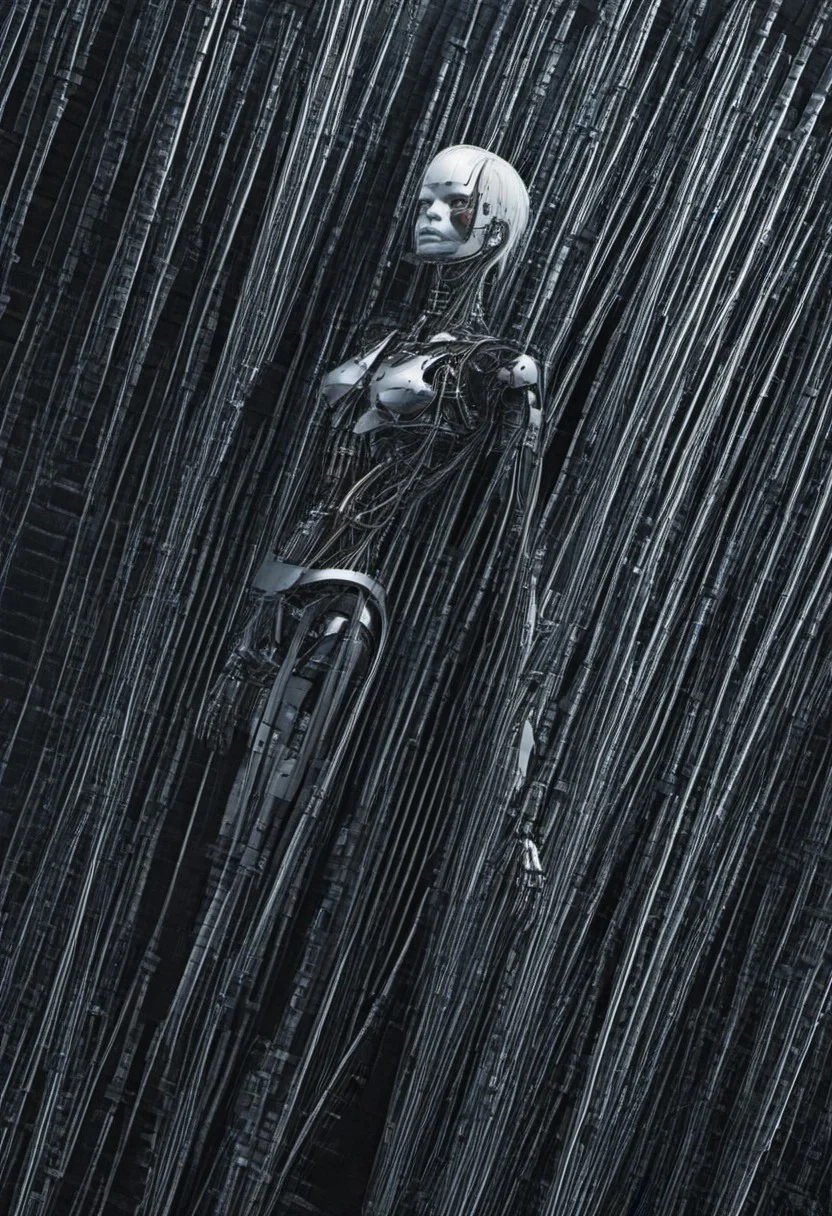 Blame! by Tsutomu Nihei In the darkness there lurks a female cyborg, she has machines and tubes for body parts, and seamless pattern,machinery, respirator, breastplate, white hair, robot joints, ethereal beauty, the creature stands  in corridor filled with exposed wire and tubes,  very slender and his body is bionic, the woman cybory looks very beautiful, colourful