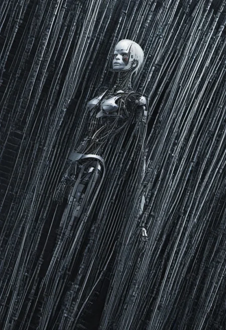 Blame! by Tsutomu Nihei In the darkness there lurks a female cyborg, she has machines and tubes for body parts, and seamless pattern,machinery, respirator, breastplate, white hair, robot joints, ethereal beauty, the creature stands  in corridor filled with exposed wire and tubes,  very slender and his body is bionic, the woman cybory looks very beautiful, colourful