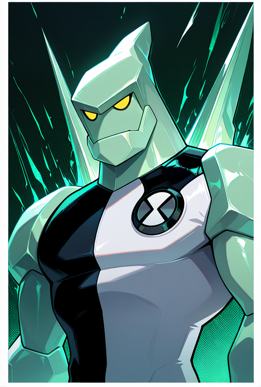 <lora:diamondhead-06:1> diamondhead, robot, yellow eyes, solo, 1boy, no humans, pokemon (creature), armor, spikes, yellow sclera, green skin, bodysuit, green background,, upper body, halftone effect, white borders, abstract background:1.2,, masterpiece, best quality, amazing quality, very aesthetic, absurdres, newest,
