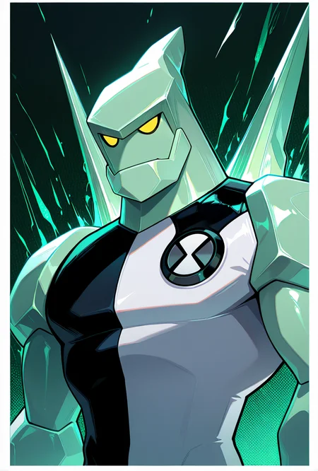 <lora:diamondhead-06:1> diamondhead, robot, yellow eyes, solo, 1boy, no humans, pokemon (creature), armor, spikes, yellow sclera, green skin, bodysuit, green background,, upper body, halftone effect, white borders, abstract background:1.2,, masterpiece, best quality, amazing quality, very aesthetic, absurdres, newest,