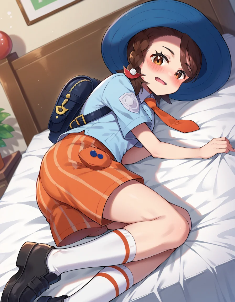 score_9, score_8_up, score_7_up, source_anime,
pokemonjuliana, <lora:pokemon-juliana-ponyxl-lora-nochekaiser:1>
pokemonjuliana, braid, brown eyes, brown hair, hair ornament, hairclip, side braid, single braid, swept bangs,
backpack, bag, black footwear, blue headwear, blue shirt, breast pocket, collared shirt, hat, kneehighs, naranja academy school uniform, necktie, orange necktie, orange shorts, pocket, school uniform, shirt, shoes, short sleeves, shorts, socks, striped, striped shorts, sun hat, white socks,
indoors, bed, bed room, on side, blush, drunk,
looking at viewer, cowboy shot, dutch angle,