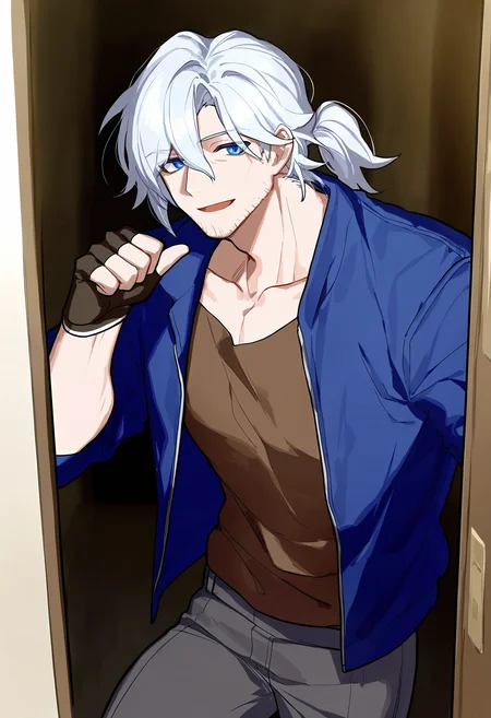best quality,amazing quality,very aesthetic,absurdres,(/honkai impact 3rd/),(artist:ningen_mame:0.9),(artist:sho_(sho_lwlw):0.9),ask,1boy,qigefei,white hair,ponytail,blue jacket,blue eyes,brown shirt,fingerless gloves,male focus,mature male,stubble,pants,hand up,pointing at self,leaning on door,doorway,smile,<lora:Siegfried_Kaslana:0.7>,cowboy shot,