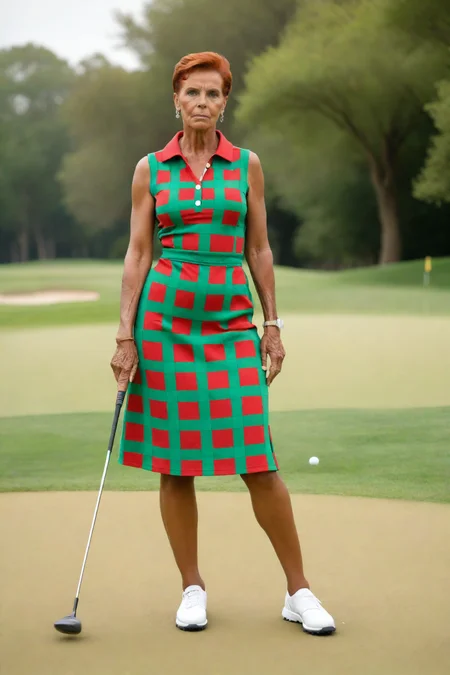 <lora:LCM_LoRA_Weights_SDXL>,Stable_Yogis_PDXL_Positives,(full body photo:1.4),a 66yo old grandmother Woman,from italian, black  skin, heterochromia eyes,medium ginger Hairs, updo haircut, ,earrings,(wearing a checkered create powerful and varying colors patterns, Red and Green, snug, sleeveless golf dress with a built-in bra and a flared skirt, women competing on a championship golf course with manicured greens),On a golf course, an individual stands with feet shoulder-width apart, preparing to drive the ball, their body coiled and eyes focused on the target,