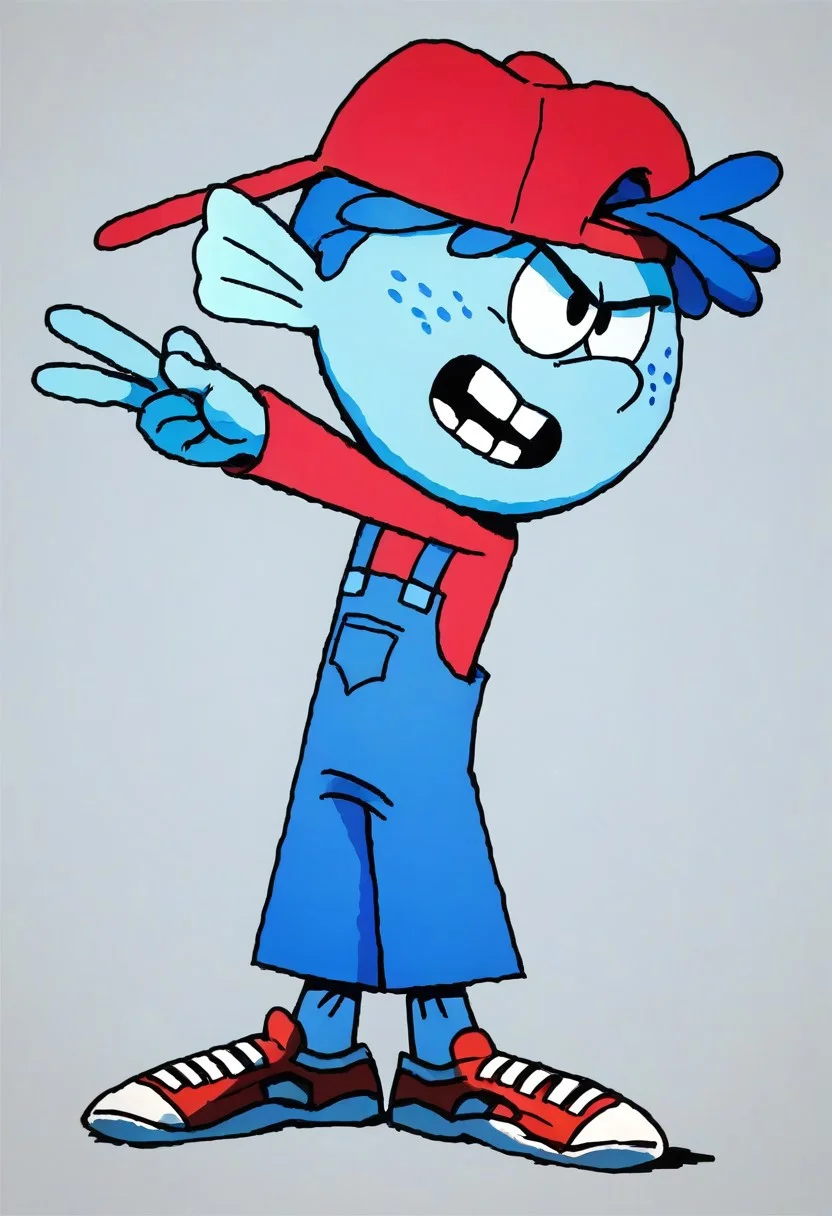 (score_9 | score_8_up | score_7_up) ((masterpiece:1))(best quality,very high quality,ultra detailed:1.2) (2D,cartoon style,anime style)(Smooth:2)(clean blurring) (four fingers on each hand,one thumb on each hand:1), Leif Loud, solo, 1boy, missing teeth, red baseball cap facing backwards, blue overalls, white shoes, light aquamarine skin color, dark-blue tentacle hair, freckles, large fins acting as ears