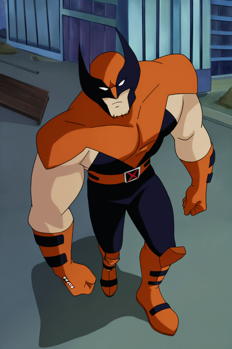 masterpiece, best quality, highres, newest, wolvevo, 1boy, solo, male focus, mature male, facial hair, stubble, bodysuit, orange bodysuit, black bodysuit, two-tone bodysuit, short sleeves, orange gloves, mask, covered eyes, white eyes, no pupils, belt, muscular, clenched hands, looking at viewer, standing, full body, outdoors, city, building <lora:Wolverine (Logan) X-Men Evolution (First Suit+Unmasked) v1.1 [LoRA] - NoobAI-XL EPS 1.0:0.8>