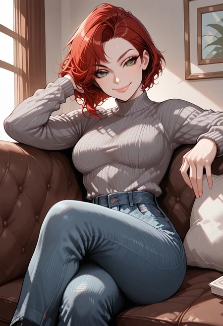 masterpiece, best quality, 32k, high resolution, absurdres, 1girl, Jane, JaneRH, short red hair, swept hair, fit, medium breasts, green eyes, beautiful lips, little freckles, toned, dynamic pose, aesthetic, grey sweater, denim pants, looking at the viewer, indoor, sitting on a couch, crossed legs, cute smile, Dutch angle