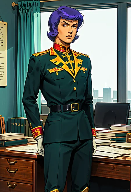 black eyes, solo, looking at viewer, military uniform, sword on hip, long sleeves, belt, cape, white gloves, knee boots, hands behind back, 
score_9, score_8_up, score_7_up,  front view, BREAK, ( garma_zabi, black eyes, violet hair, best eyes, zeon uniform, serious expression, standing behind desk, ) 1boy, male focus, solo, BREAK, painting of roses in background, office, windows, curtains, book on desk,