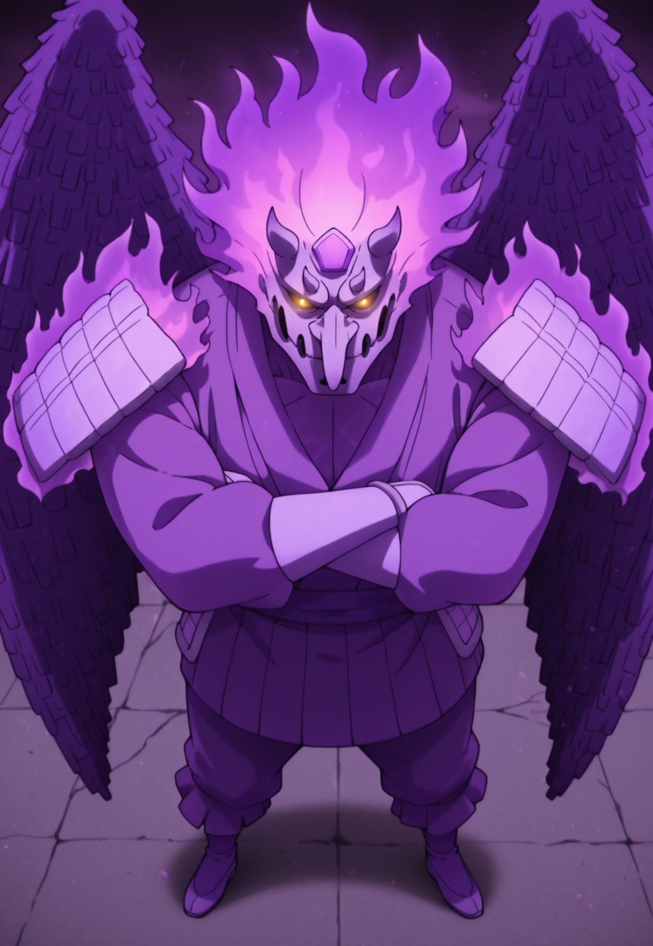 2d, 1boy, solo, Sasukesusanoo, humanoid, traditional yokai, wings, male, yellow eyes, glowing eyes, horns, purple theme, purple body, purple fire, flaming hair, long nose, wings, feathered wings, Japanese clothing, Japanese armor, glowing eyes, shoulder armor, purple socks, purple shoes, purple arm guards, purple aura

BREAK arms crossed, standing, from above, looking up at viewer, outside

BREAK best quality, amazing quality, very aesthetic, absurdres, newest, masterpiece, high quality