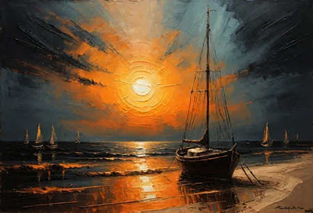 Impressionist oil painting on an old canvas, sunset on the beach , yatch on the sea, energetic strokes, black and bronze palette, fine and detailed strokes