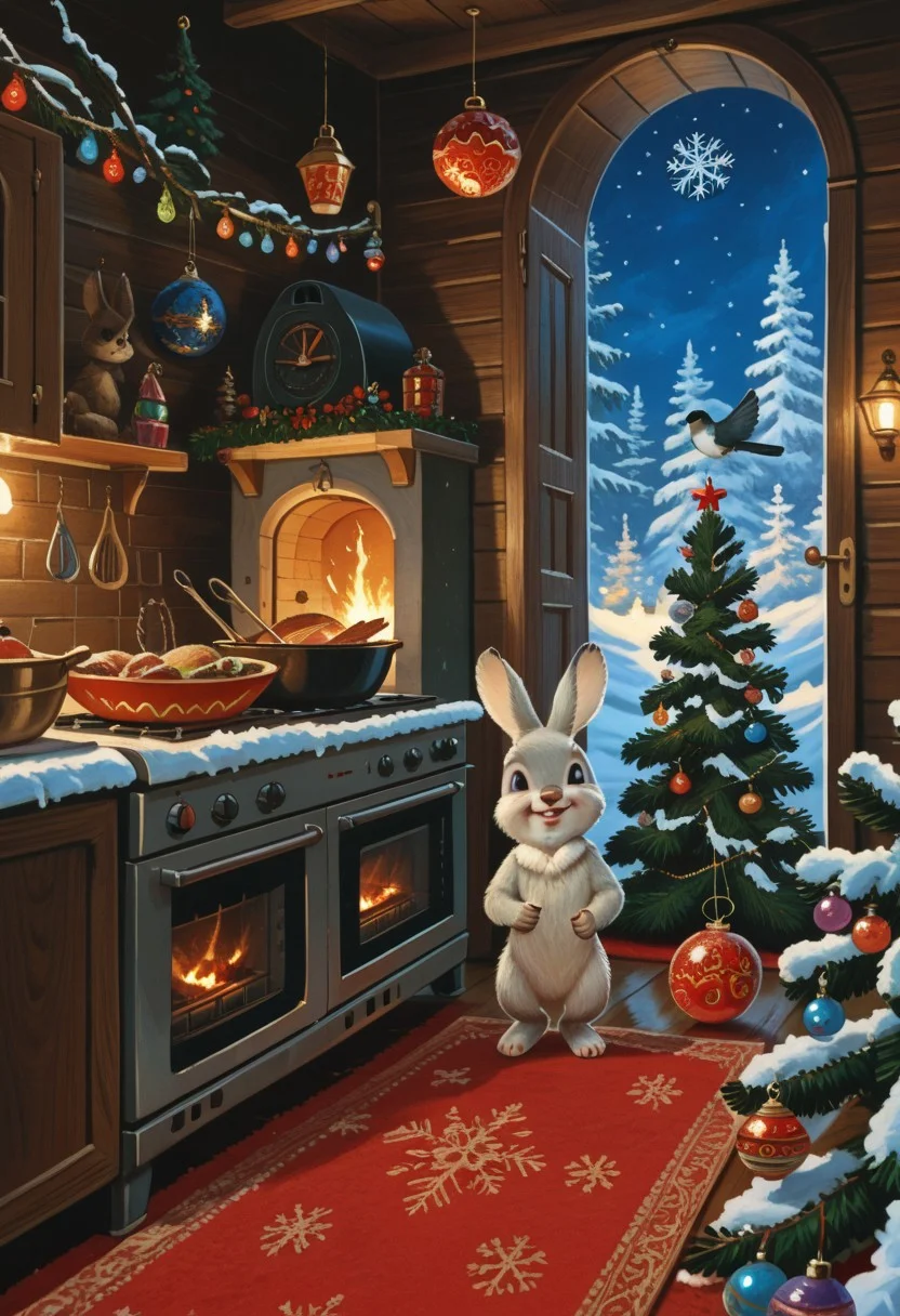score_9, score_8_up, score_7_up, rating_safe, zarubin, painting, christmas tree, christmas, snow, snowflakes, forest, rabbit, bird, bear, squirrel, gifts, cute, adorable, new years eve, santa claus, christmas ornaments, chrlib, scenery, indoors, living room, night, oven, christmas tree, christmas ornaments, red carpet, perfect details, close view, winter, portrait, dutch angle