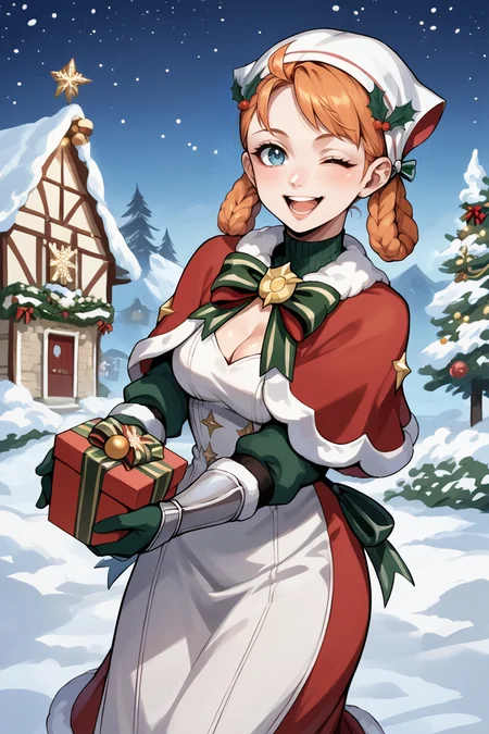 score_9, score_8_up, score_7_up, score_6_up, source_anime, BREAK 1girl, <lora:annette-pdxl-nvwls-v1-000005:1> xmasAnne, hair rings, braid, swept bangs, head scarf, red capelet, fur trim, green bowtie, white dress, cleavage, white and red skirt, vambraces, christmas, wink, happy, open mouth, holding present, looking at you, winter, snow, blue sky, gift box