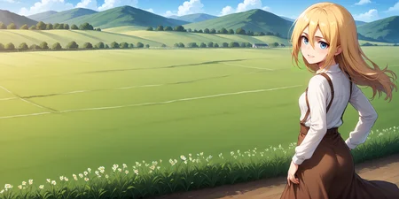 score_9, score_8_up, score_7_up, score_6_up, anime source, anime style, solo, 1girl,
<lora:P-Historia:1> h1st0r14, blonde hair, blue eyes, hair between eyes, long hair,
white sweater, long dress, brown dress,
small breasts, from behind, ass, seductive smile, parted lips, eyelashes, looking at viewer,
pastures, meadows, blue sky, depth of field, horizon, fences, ranch, flowerfield,