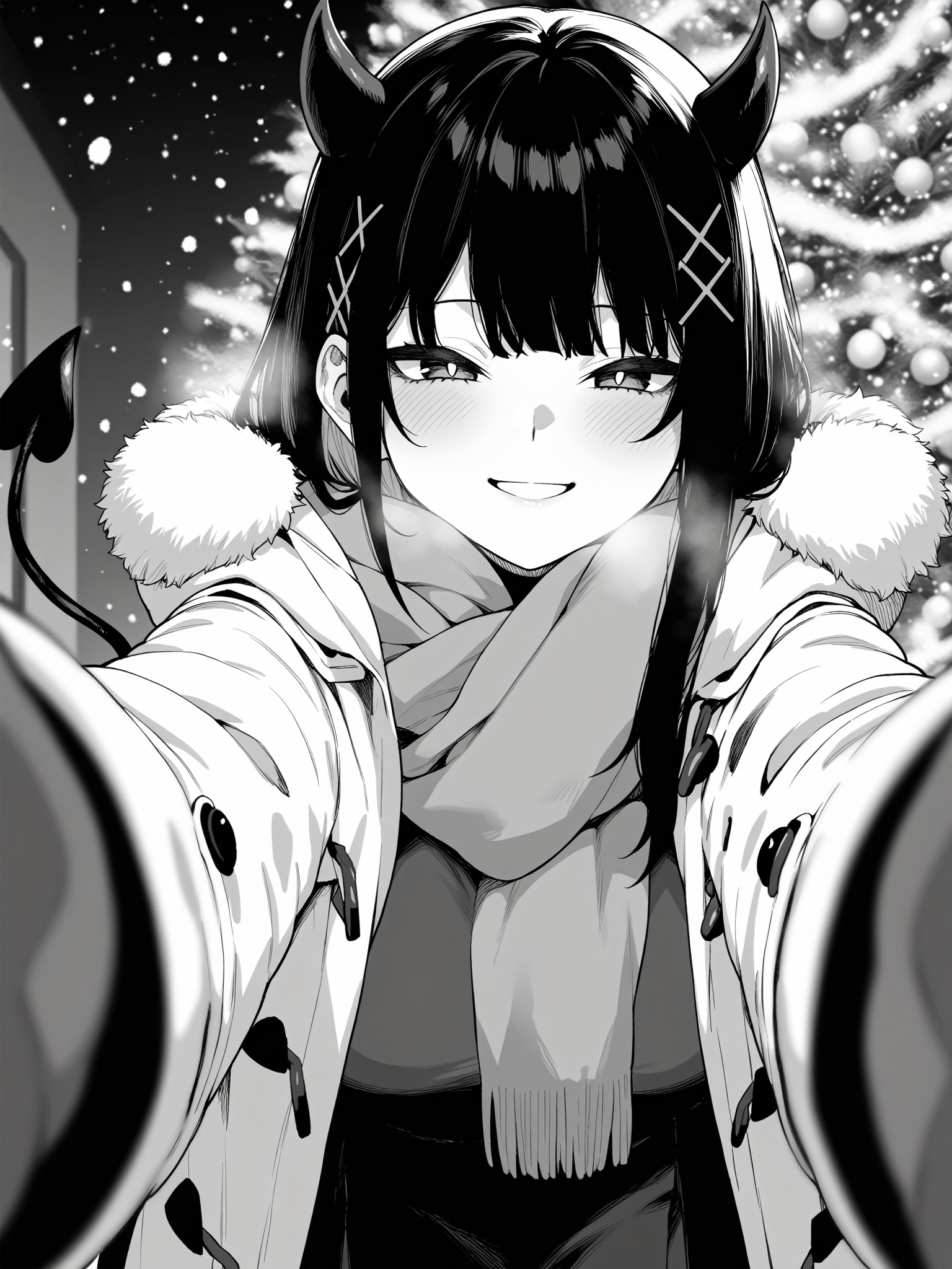 highres,hi res,best quality,masterpiece,intricate details,absurdres,4k,anime screencap,anime coloring,<lora:jiunssyuV1:0.7>,
jiunssyu,greyscale,monochrome,1girl,tail,demon tail,large breasts,demon horns,demon girl,hair ornament,x hair ornament,black hair,
pov cheek warming,pov cheek warming (meme),winter gloves,duffel coat,fur-trimmed scarf,winter clothes,red mittens,meme,winter coat,fur-trimmed coat,reaching towards viewer,reaching,mittens,fur-trimmed hood,white coat,open coat,scarf,coat,red gloves,snowing,pov,fur trim,depth of field,smile,blush,christmas,christmas tree,christmas lights,cowboy shot,solo,