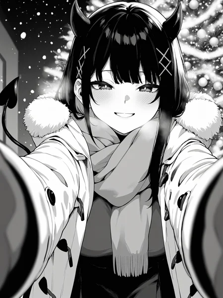 highres,hi res,best quality,masterpiece,intricate details,absurdres,4k,anime screencap,anime coloring,<lora:jiunssyuV1:0.7>,
jiunssyu,greyscale,monochrome,1girl,tail,demon tail,large breasts,demon horns,demon girl,hair ornament,x hair ornament,black hair,
pov cheek warming,pov cheek warming (meme),winter gloves,duffel coat,fur-trimmed scarf,winter clothes,red mittens,meme,winter coat,fur-trimmed coat,reaching towards viewer,reaching,mittens,fur-trimmed hood,white coat,open coat,scarf,coat,red gloves,snowing,pov,fur trim,depth of field,smile,blush,christmas,christmas tree,christmas lights,cowboy shot,solo,