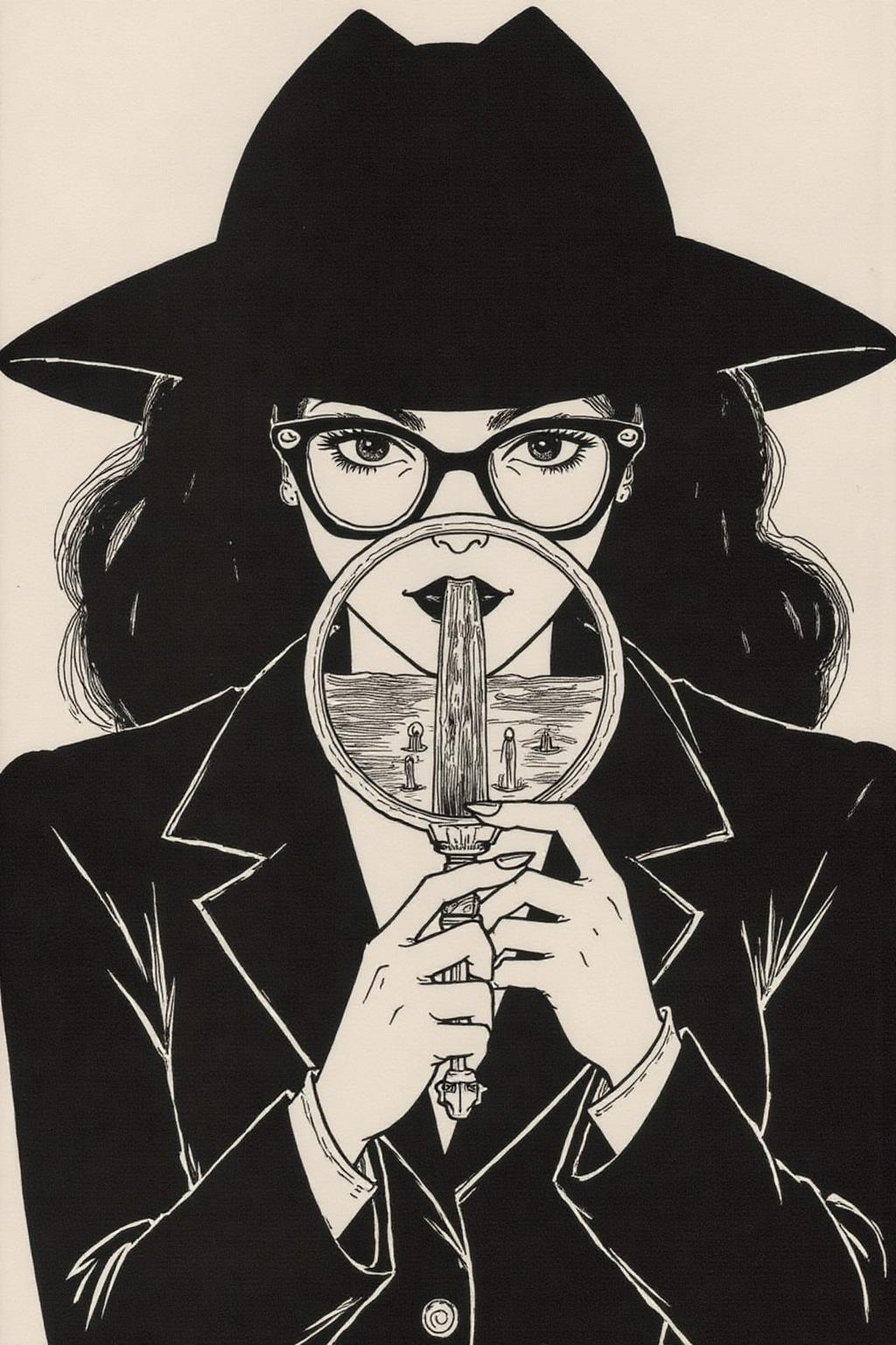 aubreybeardsley1 illustration.
Portrait of a female detective scowling into a magnifying glass. The glass is crystal clear, showing a water portal through the glass. The detective is wearing a pair of old fashion glasses, and a black suit that emanates her shadowy figure.  <lora:aubreybeardsley3_cap_d6a3e12:1.0><lora:844798669879362726:0>