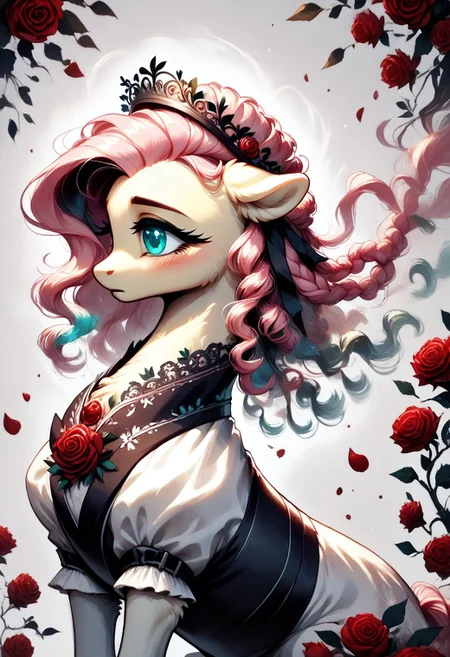 core_9, score_8_up, score_7_up, score_5_up, source_anime, (masterpiece, ultra-detailed, cinematic lighting, hyper-detailed facial features), pony, Fluttershy, clouse-up face, side profile, (elegant and melancholic pose), soft and feminine facial features, large expressive glowing eyes with intricate iris detail, delicate and long eyelashes, subtly blushing cheeks, smooth and flawless skin texture, long flowing pastel-pink hair cascading softly with fine strand detail, (thorned roses braided into her hair), (ultra-fluffy fur), subtle ethereal glow around her silhouette, intricate dark floral crown with glowing red accents, glowing eyes and roses creating a striking contrast, (greyscale, monochrome), soft glowing highlights on fur and hair, painterly style with fine textures, Ink Tapestry style, artistic elegance, dynamic composition with serene and mysterious atmosphere.
