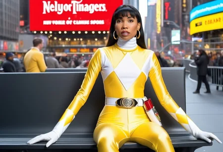 Trini wearing yellow power ranger catsuit, alone, long black straight hair tucked behind shoulders, bangs, helmetless, uniform, white turtleneck collar, white gloves belt, holstered weapon, large chunky steel hoop earrings, neutral facial expression, relaxed, sat on bench in New York Times Square, legs crossed, lazy, hyperdetailed photography