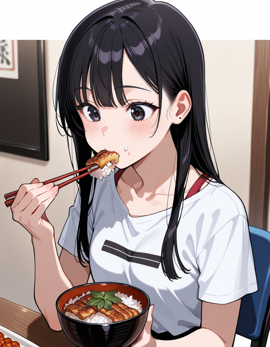 score_9, score_8_up, score_7_up, anime, solo, 1girl, one girl,
Black hair, (chest length hair:1.2), Straight Hair, bangs, one tucked behind ear, black eyes, feature large highlight, feature double highlights, shaped eyeblow,
sensitive,
<lora:donburimono:0.8>, donburimono, food,
chopsticks, eating unadon, rice,
(kasukabe akira:0.5), (masterpiece:1.3), best quality, high resolution, unity 8k wallpaper, (illustration:1.2), 8K,