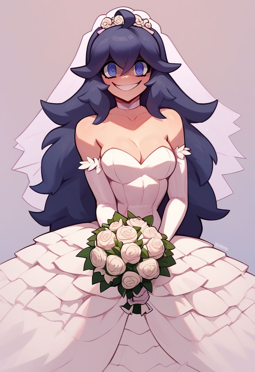score_9, score_8_up, score_8, medium breasts, (curvy), cute, eyelashes,   solo, 
hex maniac (pokemon), smile, looking at viewer, , bride, wedding dress, bridal veil, strapless dress, elbow gloves, holding bouquet,