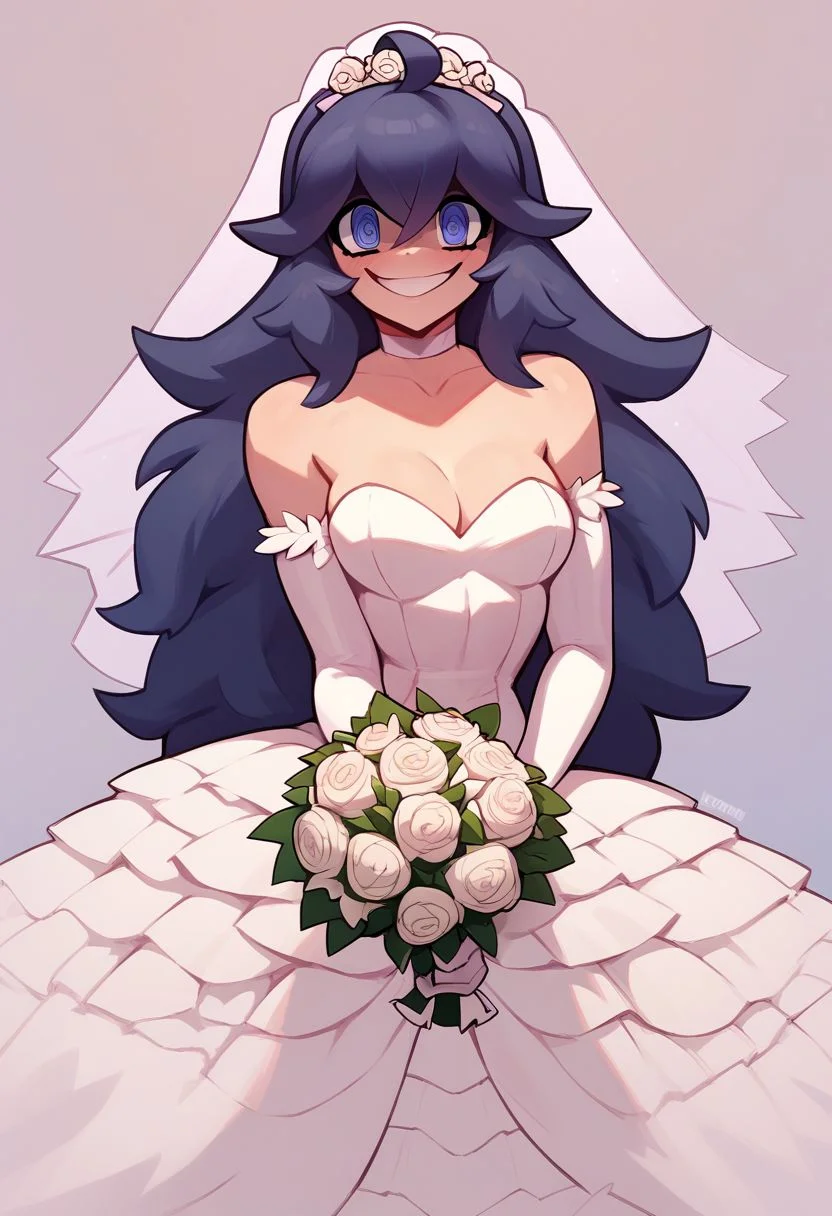 score_9, score_8_up, score_8, medium breasts, (curvy), cute, eyelashes, solo,
hex maniac (pokemon), smile, looking at viewer, , bride, wedding dress, bridal veil, strapless dress, elbow gloves, holding bouquet,