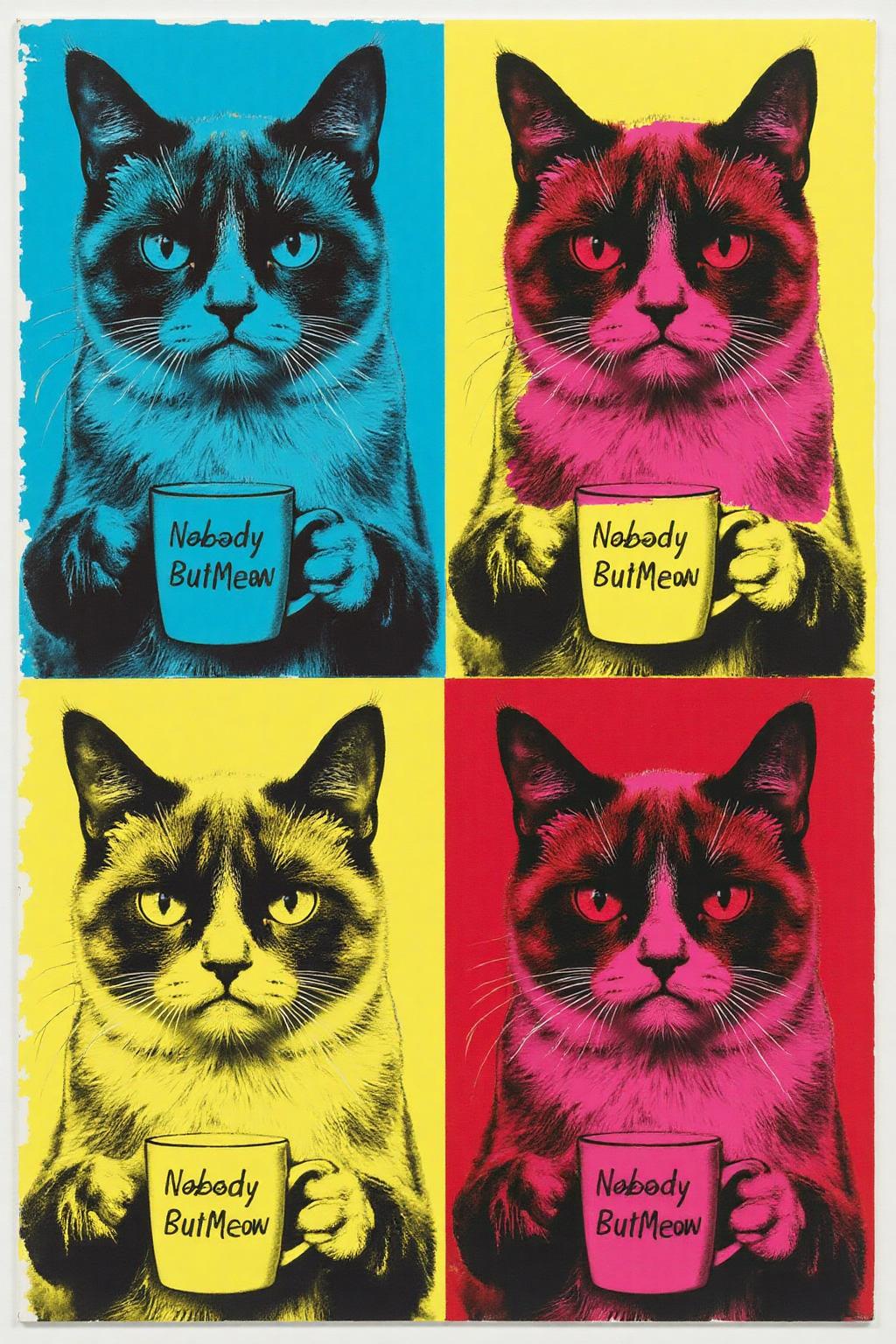 andywarhol1 illustration. A grid of 4 repeated portraits of a Grumpy Cat holding a coffee mug, each square featuring her face with bold Pop Art colors like electric blue, neon pink, vibrant yellow, and bright red. Each portrait is slightly offset, with bold black outlines and halftone textures. Some portraits are faded, grainy, or monochrome black-and-white, evoking the passage of time. The background is a flat off-white canvas.
The coffee mug has the phrase "NobodyButMeow" printed <lora:andywarhol1_cap_d6a3:1.0><lora:836815365058314928:0>