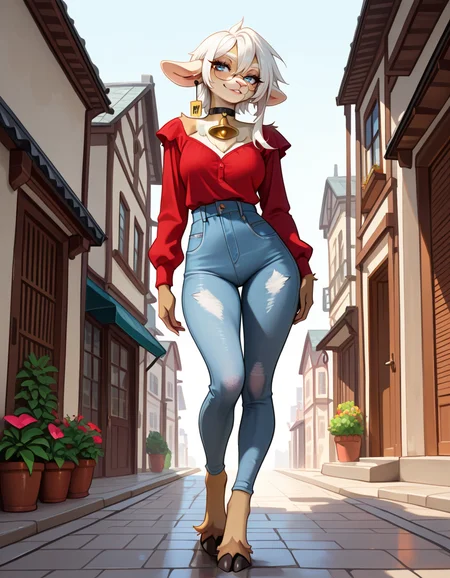 masterpiece, best quality, very aesthetic, absurdres,
outdoors, casual, 
full body, posing, 
 seductive smile, parted lips, long eyelashes,
 <lora:Wilma_v01_NAIXL:1>
W11m4,1girl,solo,furry,furry female,animal ears,earrings,ear tag,white hair,short hair,hair between eyes,blue eyes,glasses,snout,mole under eye,animal nose,black choker,neck bell,body fur,white fur,tail,hooves,
