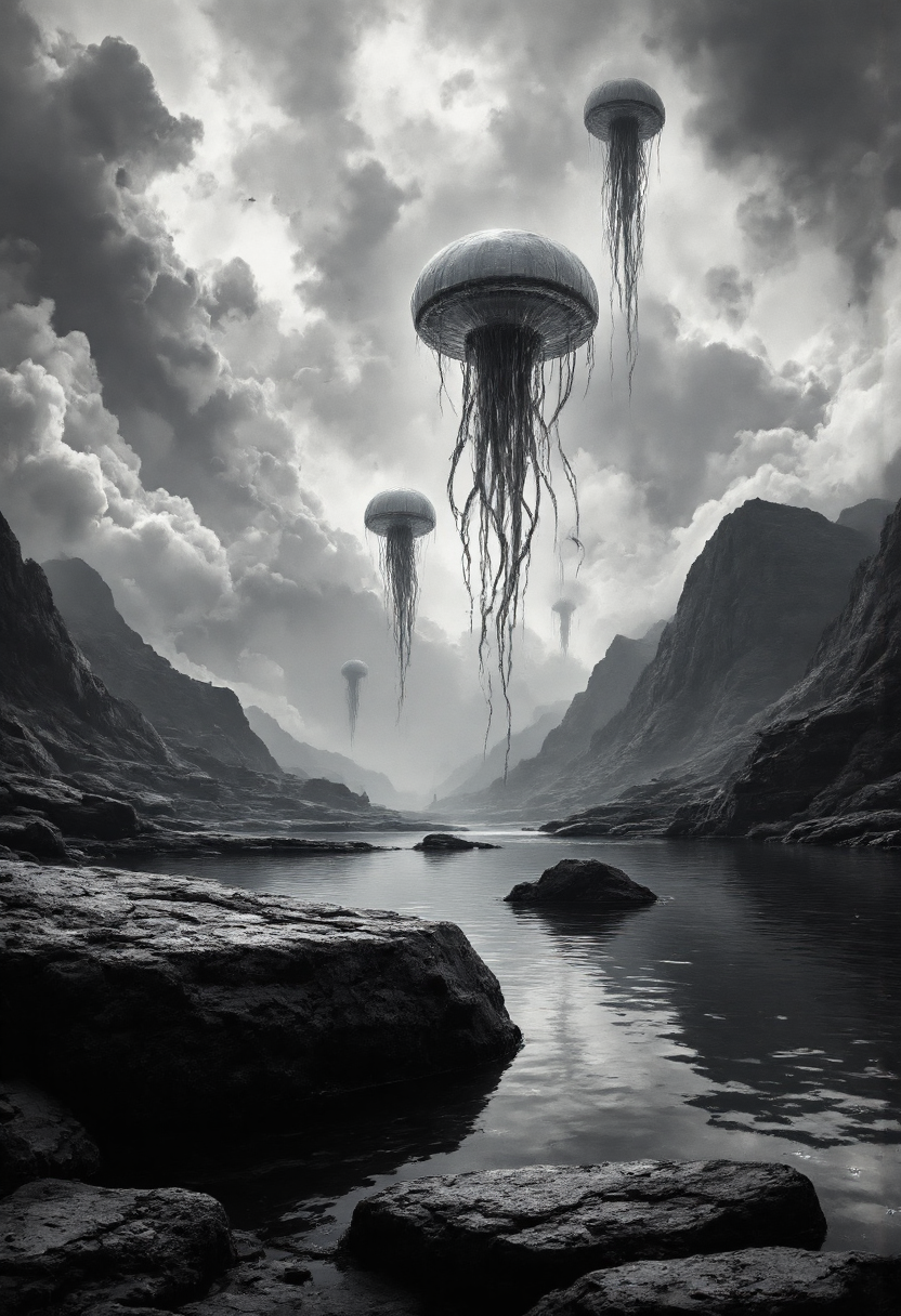 breathtaking cinematic photo Silhouette Art, This is a black-and-white digital artwork depicting a surreal, ethereal scene featuring three large jellyfish-like creatures floating in the sky. The jellyfish are translucent with tentacles extending downwards, creating a sense of movement and mystery. The foreground features a large, rough-textured rock situated on a rocky outcrop. The rock is situated on the edge of a body of water, which reflects the sky above, adding depth to the scene. 
In the background, the landscape is rugged and mountainous, with rolling hills and valleys. The sky is overcast with dramatic, swirling clouds, giving the image a moody and ominous atmosphere. The overall color palette is monochromatic, emphasizing the stark contrast between the dark, shadowy areas and the lighter reflections in the water. The textures of the rock and the jellyfish are detailed, adding a sense of realism to the fantastical elements. The composition is balanced, with the jellyfish occupying the upper half of the image and the rock and landscape occupying the lower half. This artwork combines elements of fantasy and surrealism, creating a haunting and otherworldly scene.
 <lora:detailed_v2_flux_ntc:2>  <lora:aidmaFLUXpro1.1:1> <lora:aidmaMJ6.1:1>, high contrast, well defined, Silhouette Art, detailed skin texture, (blush:0.5), (goosebumps:0.5), subsurface scattering . 35mm photograph, film, bokeh, professional, 4k, highly detailed . award-winning, professional, highly detailed