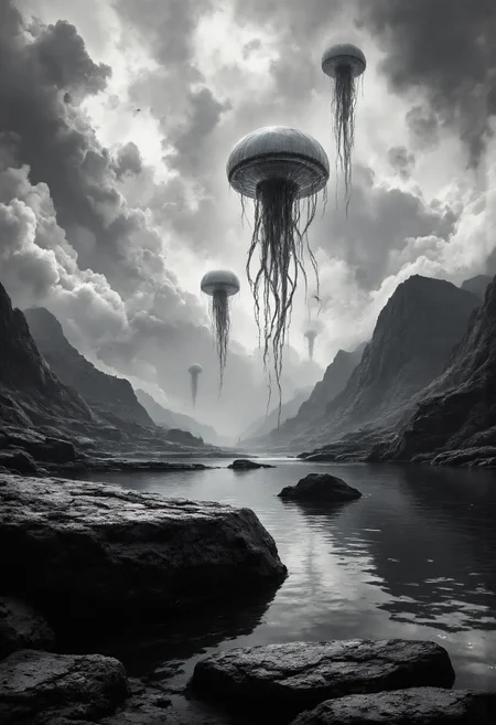 breathtaking cinematic photo Silhouette Art, This is a black-and-white digital artwork depicting a surreal, ethereal scene featuring three large jellyfish-like creatures floating in the sky. The jellyfish are translucent with tentacles extending downwards, creating a sense of movement and mystery. The foreground features a large, rough-textured rock situated on a rocky outcrop. The rock is situated on the edge of a body of water, which reflects the sky above, adding depth to the scene.
In the background, the landscape is rugged and mountainous, with rolling hills and valleys. The sky is overcast with dramatic, swirling clouds, giving the image a moody and ominous atmosphere. The overall color palette is monochromatic, emphasizing the stark contrast between the dark, shadowy areas and the lighter reflections in the water. The textures of the rock and the jellyfish are detailed, adding a sense of realism to the fantastical elements. The composition is balanced, with the jellyfish occupying the upper half of the image and the rock and landscape occupying the lower half. This artwork combines elements of fantasy and surrealism, creating a haunting and otherworldly scene.
<lora:detailed_v2_flux_ntc:2> <lora:aidmaFLUXpro1.1:1> <lora:aidmaMJ6.1:1>, high contrast, well defined, Silhouette Art, detailed skin texture, (blush:0.5), (goosebumps:0.5), subsurface scattering . 35mm photograph, film, bokeh, professional, 4k, highly detailed . award-winning, professional, highly detailed