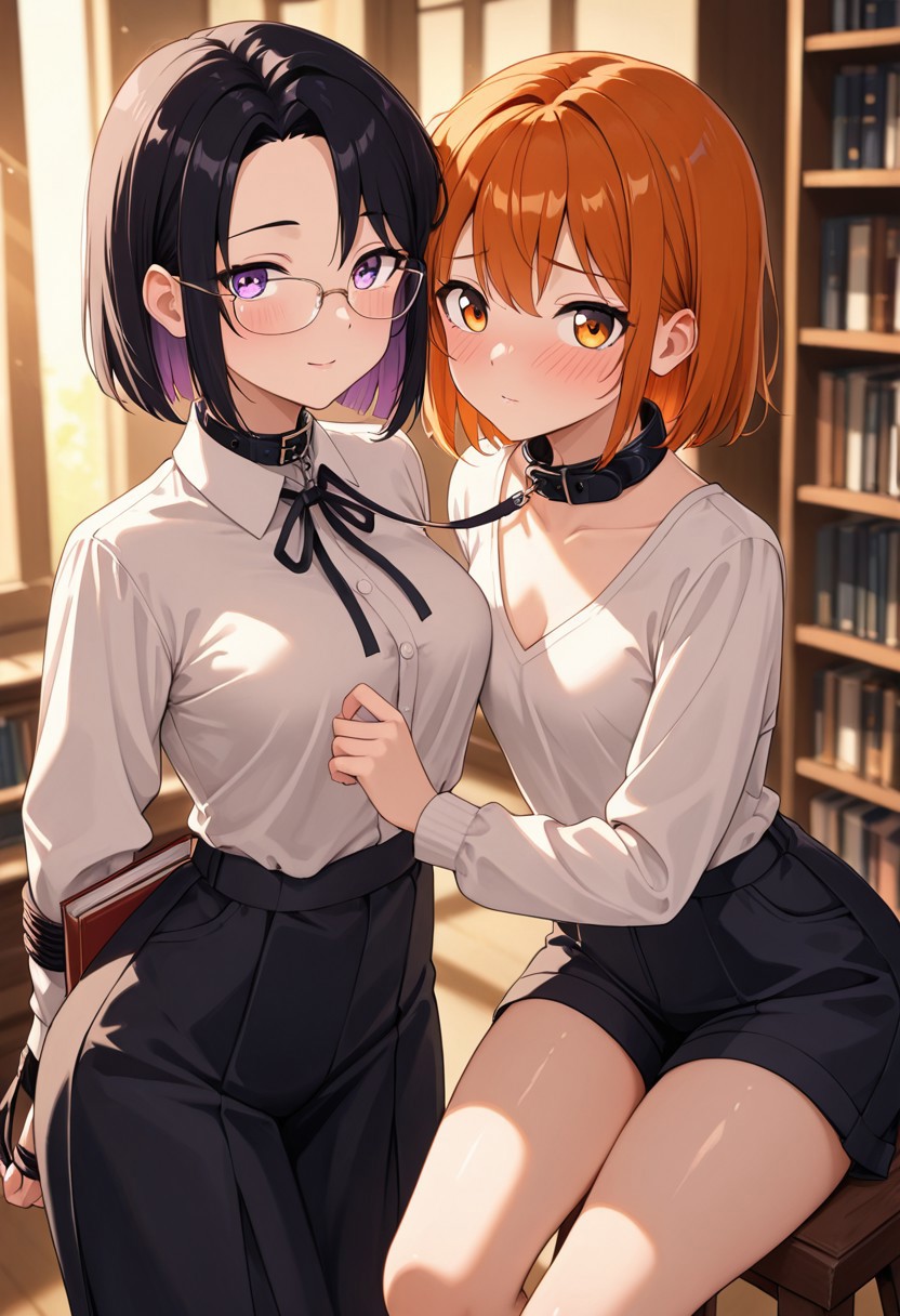 masterpiece, best quality, good quality, very aesthetic, absurdres, newest, 8K, depth of field,  in the style of cknc, artist:moriimee, in the style of cksc, 
2girls, original characters, yuri, librarian domme, long black hair, sleek, purple eyes, small breasts, firm, glossy skin, wearing glasses, tight blouse, holding book leash, soft smile, shy assistant, short orange hair, wavy, amber eyes, medium breasts, perky, glossy skin, wearing collar, wrists bound with ribbon bookmark, sitting on ladder, blushing hard, looking at viewer, from front
BREAK
quiet library, white bookshelves, sunlight streaming
BREAK
anime style, vibrant colors, high contrast, dynamic light, golden glow, sharp outlines, rich details, romantic yet edgy atmosphere