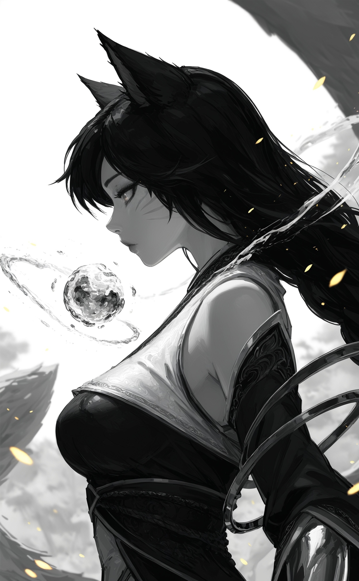 ahri \(league of legends\), league of legends, 1girl, black hair,
upper body shot, glowing shiny clothes, shiny glowing arms, portrait, profile,  
greyscale, monochrome, 
depth of field, background, glowing theme, yellow embers floating around, 
outdoors, (scenery:1.2), 
very awa, best quality, highres, masterpiece, very aesthetic,
<lora:nhl-003:0.9> nhl-003,