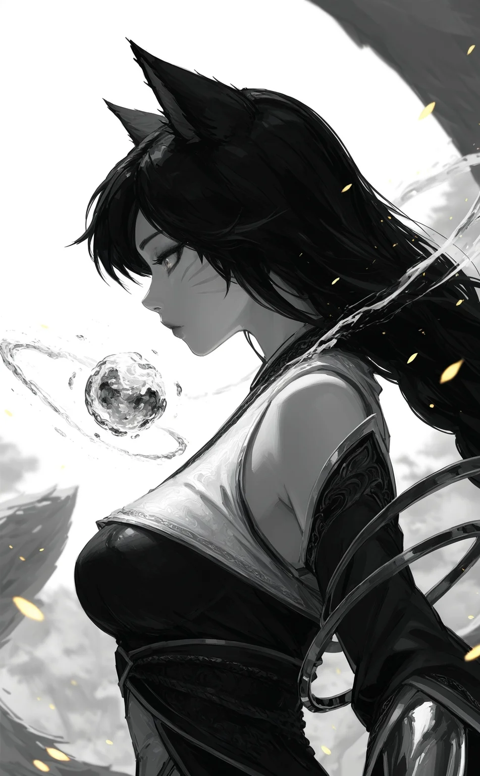 ahri \(league of legends\), league of legends, 1girl, black hair,
upper body shot, glowing shiny clothes, shiny glowing arms, portrait, profile,
greyscale, monochrome,
depth of field, background, glowing theme, yellow embers floating around,
outdoors, (scenery:1.2),
very awa, best quality, highres, masterpiece, very aesthetic,
<lora:nhl-003:0.9> nhl-003,