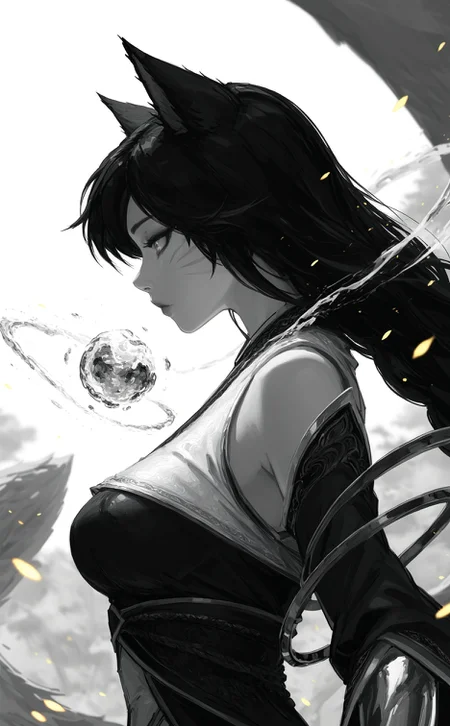 ahri \(league of legends\), league of legends, 1girl, black hair,
upper body shot, glowing shiny clothes, shiny glowing arms, portrait, profile,
greyscale, monochrome,
depth of field, background, glowing theme, yellow embers floating around,
outdoors, (scenery:1.2),
very awa, best quality, highres, masterpiece, very aesthetic,
<lora:nhl-003:0.9> nhl-003,