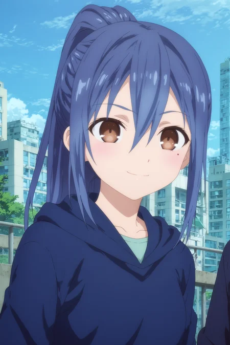 mana takamiya,1girl,solo,long hair,ponytail, hood, mole_under_eye, mole,hair between eyes,collarbone,hoodie,upper_body, BREAK smile,standing BREAK outdoors,blue_sky,city,building