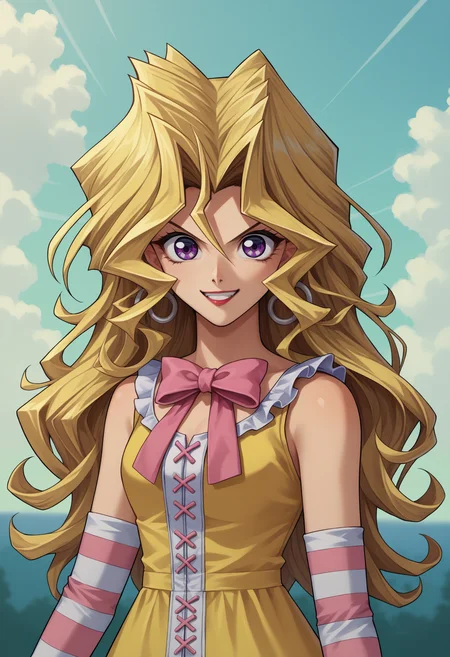 score_9, score_8_up,score_7_up, source_anime, rating_safe, 1girl, solo, <lora:EPygKujakuMai:1>, EPygKujakuMai, purple eyes, blonde hair, long hair, wavy hair, hair between eyes, hair intakes, hoop earrings, red lips, pink frilled dress, white frills, pink bow, yellow dress, ribbons, grin, strap, confident, striped thighhighs, waving, smile
