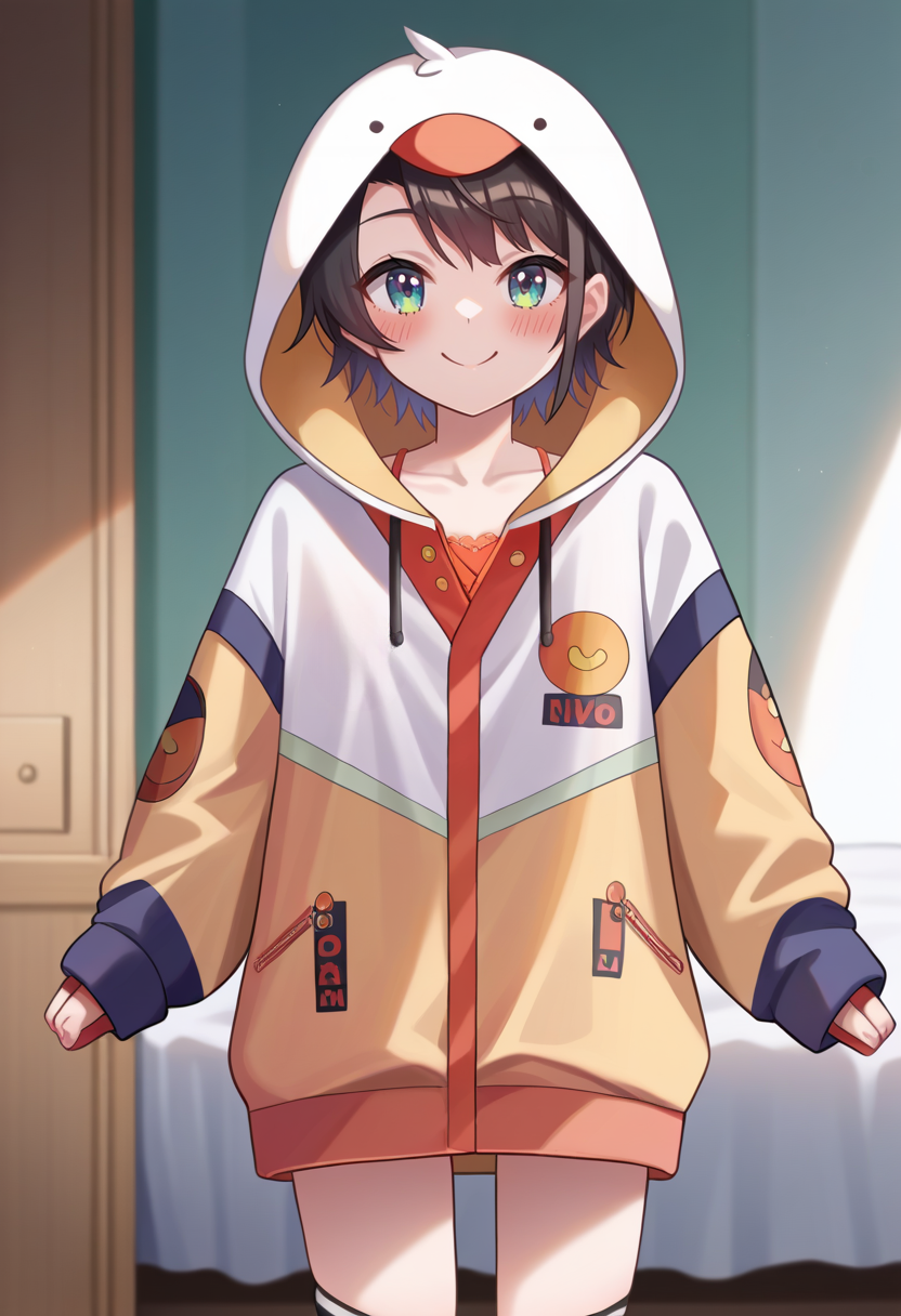 score_9, score_6_up, source_anime, 1girl, solo, bedroom, standing, subaru_lounge, multicolored hoodie, hood up, no pants, striped socks, blush, smile<lora:shubashubaXL-05:1>