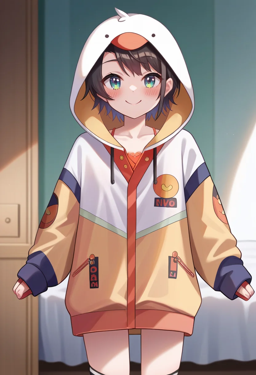 score_9, score_6_up, source_anime, 1girl, solo, bedroom, standing, subaru_lounge, multicolored hoodie, hood up, no pants, striped socks, blush, smile<lora:shubashubaXL-05:1>