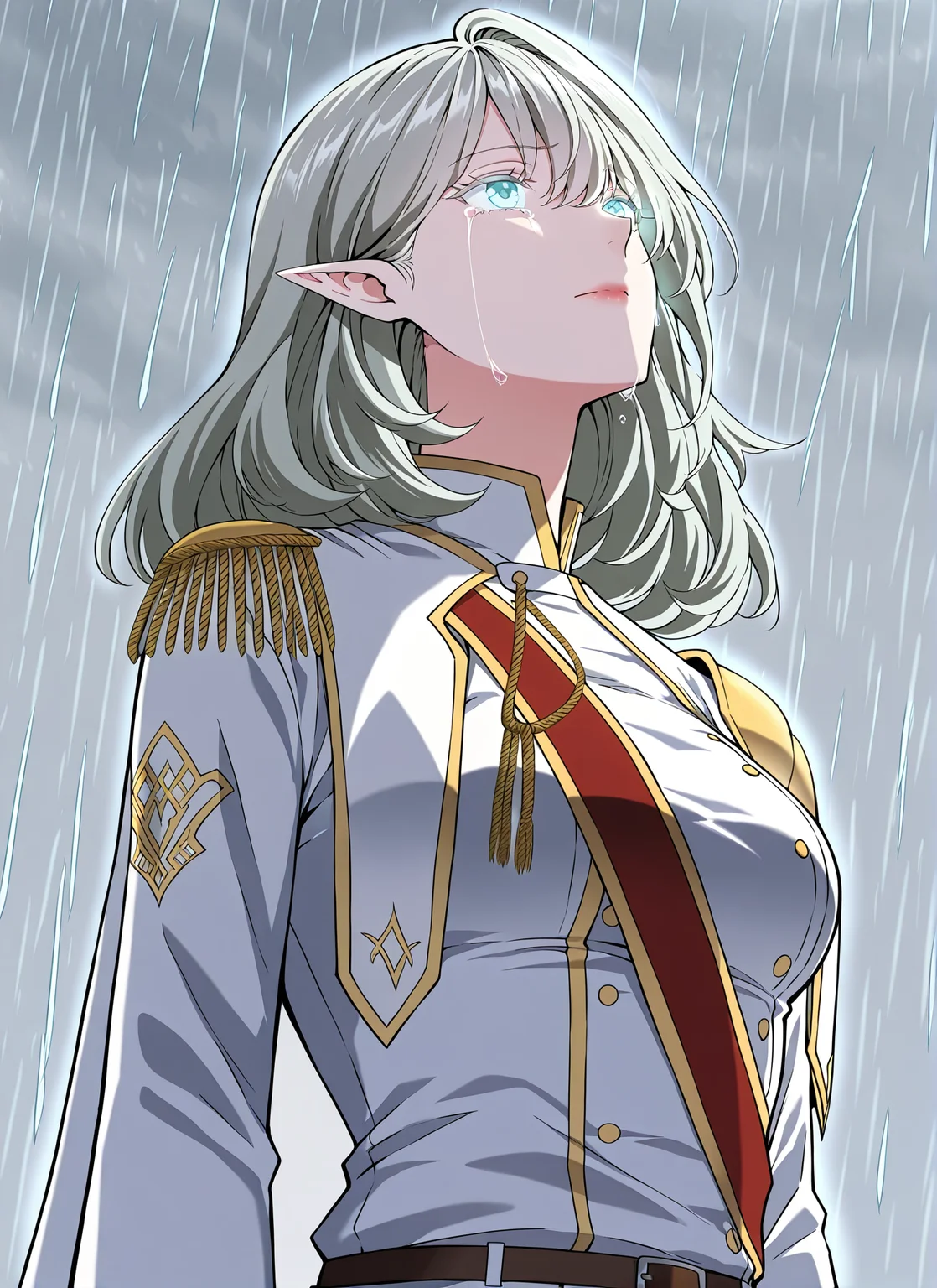 <lora:Alea_Triscan__The_Beginning_After_the_End__Illustrious:1>
1 girl, solo, elf, pointy ears, light blue eyes, grey hair, medium hair, hair behind ear, hair between eyes,ahoge, military uniform, white cape, epaulettes, jewelry, white pants, long sleeves, belt, white jacket, red sash
(masterpiece, sidelighting, finely detailed beautiful eyes: 1.2), masterpiece*portrait, glowing eyes, shiny hair, lustrous skin, solo, looking up, rain, grey sky, head back, full body, outdoors, crying,