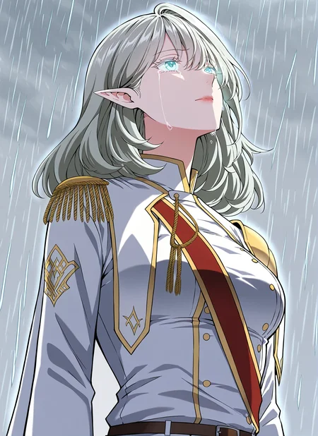 <lora:Alea_Triscan__The_Beginning_After_the_End__Illustrious:1>
1 girl, solo, elf, pointy ears, light blue eyes, grey hair, medium hair, hair behind ear, hair between eyes,ahoge, military uniform, white cape, epaulettes, jewelry, white pants, long sleeves, belt, white jacket, red sash
(masterpiece, sidelighting, finely detailed beautiful eyes: 1.2), masterpiece*portrait, glowing eyes, shiny hair, lustrous skin, solo, looking up, rain, grey sky, head back, full body, outdoors, crying,