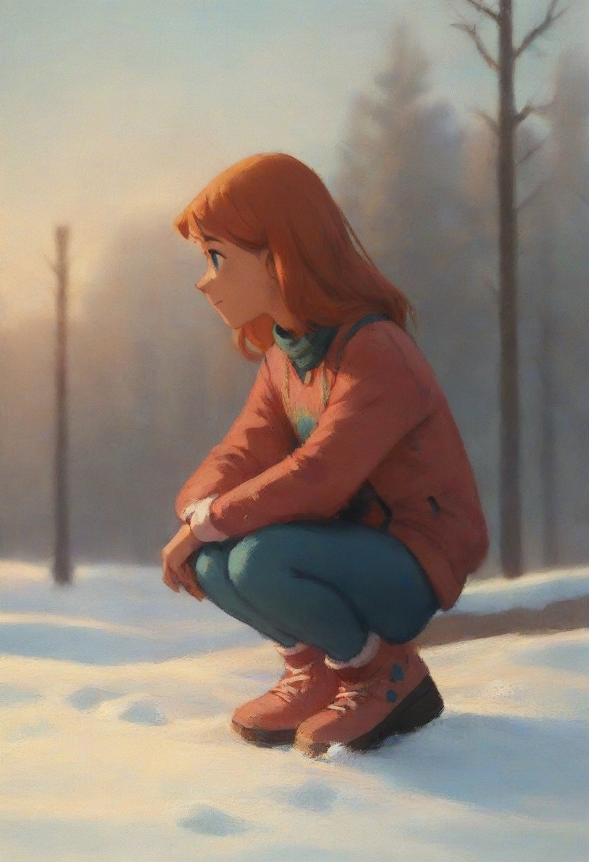 score_9, score_8_up, score_7_up, score_6_up, score_5_up, score_4_up, rating_safe, masterpiece monet painting, julie_power, squatting in the snow