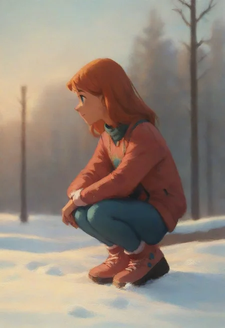 score_9, score_8_up, score_7_up, score_6_up, score_5_up, score_4_up, rating_safe, masterpiece monet painting, julie_power, squatting in the snow