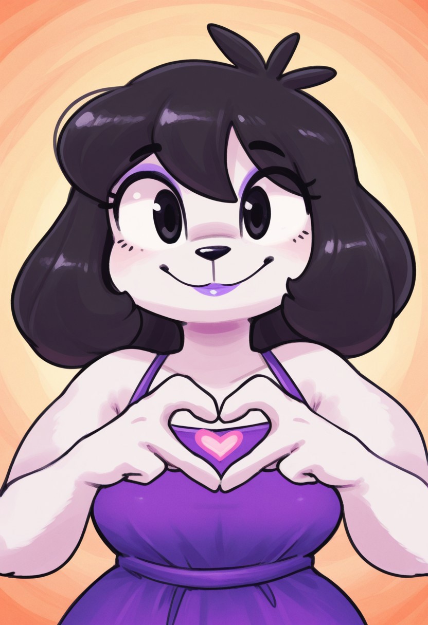 1girl, solo, medium build, medium hair, sfw, safe for work, covered skin, flowy dress,  black eyes, purple lipgloss, smiling, portrait, upper body, heart hands, foreshortening, detailed, newest, furry female, furry, anthro, kiseff,