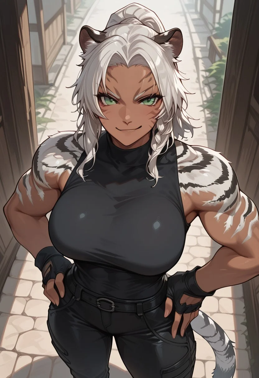 score_9, score_8_up, score_7_up, white hair, ponytail, tall female, toned, tiger fur, tiger tail, tail, green eyes, facial marks, tiger ears, large breasts, dark-skinned female, muscular female. from above, sleeveless black shirt, black pants, fingerless gloves, smirk, hands on hip, looking at viewer, village
