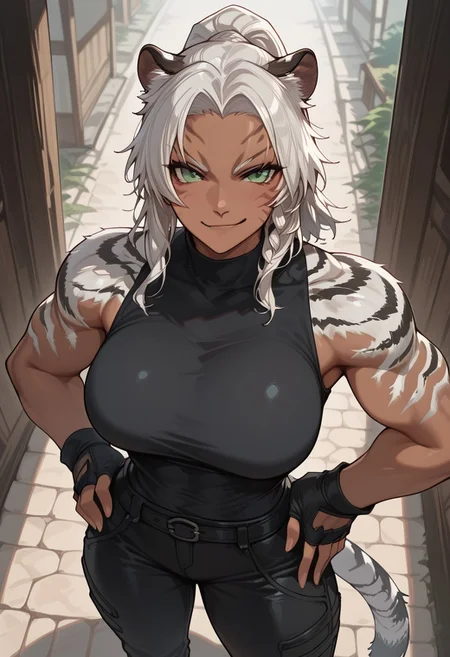 score_9, score_8_up, score_7_up, white hair, ponytail, tall female, toned, tiger fur, tiger tail, tail, green eyes, facial marks, tiger ears, large breasts, dark-skinned female, muscular female. from above, sleeveless black shirt, black pants, fingerless gloves, smirk, hands on hip, looking at viewer, village