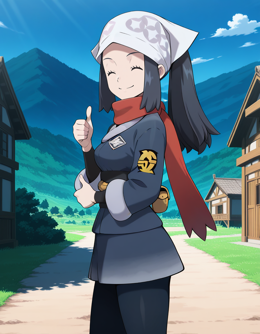 Akari (POKEMON LEGENDS),black hair,black eyes,galaxy expedition team survey corps uniform,head scarf,red scarf,black pantyhose,(both hands thumbs up:1.2), (closed eyes:1.2),  (((closed mouth))),(at midnight:1.1), ((village)),outdoors,sky,(blush:-1),
looking at viewer,
medium breasts,
perky breasts,explicit,best quality,very aesthetic,absurdres,16k,intricate detail,amazing quality,(bold:3.12),thick outline,black outline,harsh lines,soft lines,deluster,boldline,curvy,slim,
(from side:1.35),
smile,
(anime screencap),(anime coloring:1.2),anime screenshot, animated painting, animated gif,2d cel anime,anime cap,anime,anime style,anime cel,Cel shading,cel shaded,soft brightness,perfect face,perfect nose, perfect hair, perfect eyes,perfect female body,perfect skin,a face of perfect proportion,perfect lighting,perfect anatomy,perfect proportion,perfect hands,perfect legs,perfect fingers,masterpiece,super fine illustration,detailed linework,vibrant colors,kawaii,flat color,
 <lora:ãã±ããã¢ã³ã¹ã¿ã¼ã·ã§ã¦illustriousPokemonAkariillustrious-000017:1:0.8>